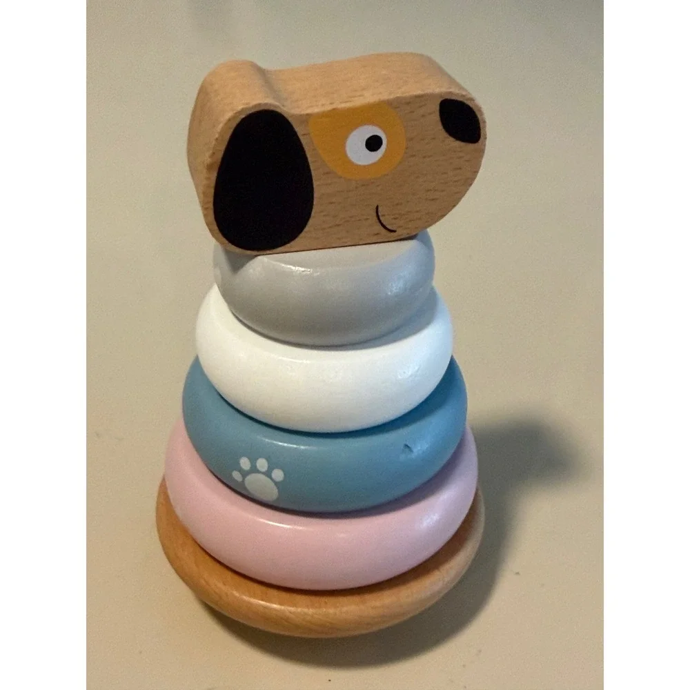 Wooden Puppy Dog Stacking Toy Montessori Pastel Rings Wobbly Base Toddler Toy